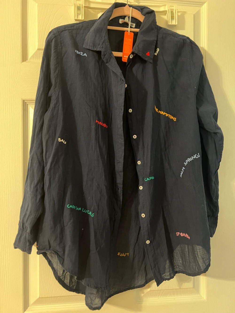 Sundry Navy  Lightweight Button-Up Shirt With Embroidered Destinations - Picture 5 of 7